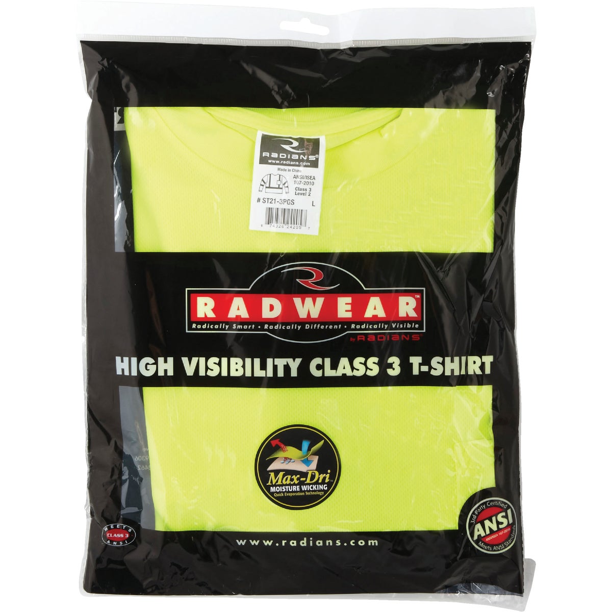 Radians Rad Wear ANSI Class 3 Hi Vis Green Safety T-Shirt Large