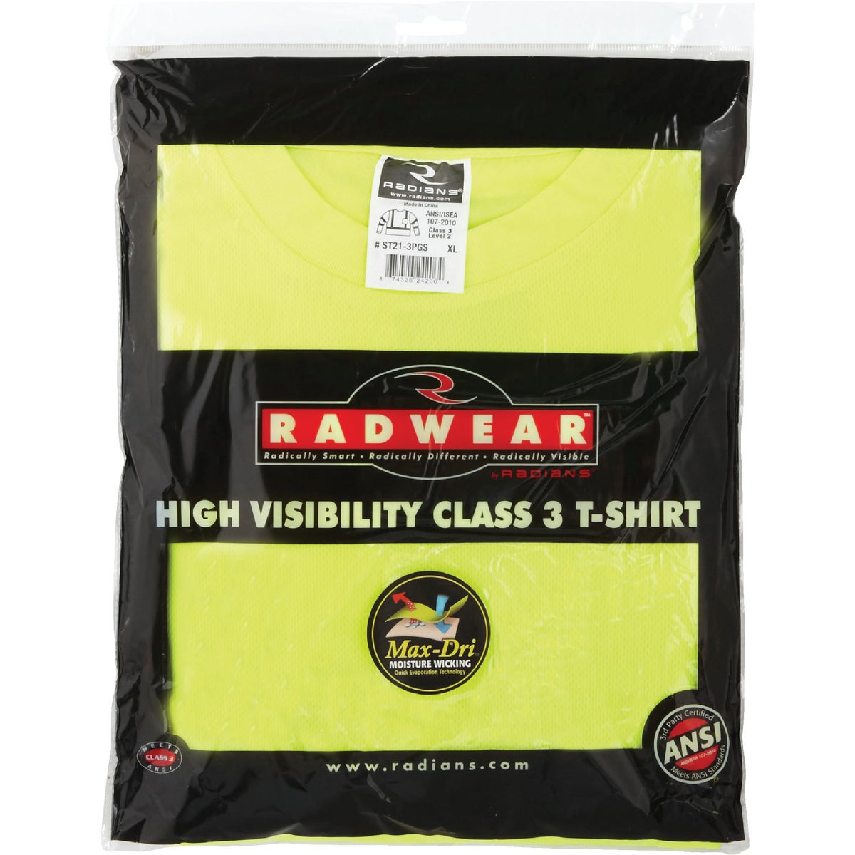 Radians Rad Wear ANSI Class 3 Hi Vis Green Safety T-Shirt XL