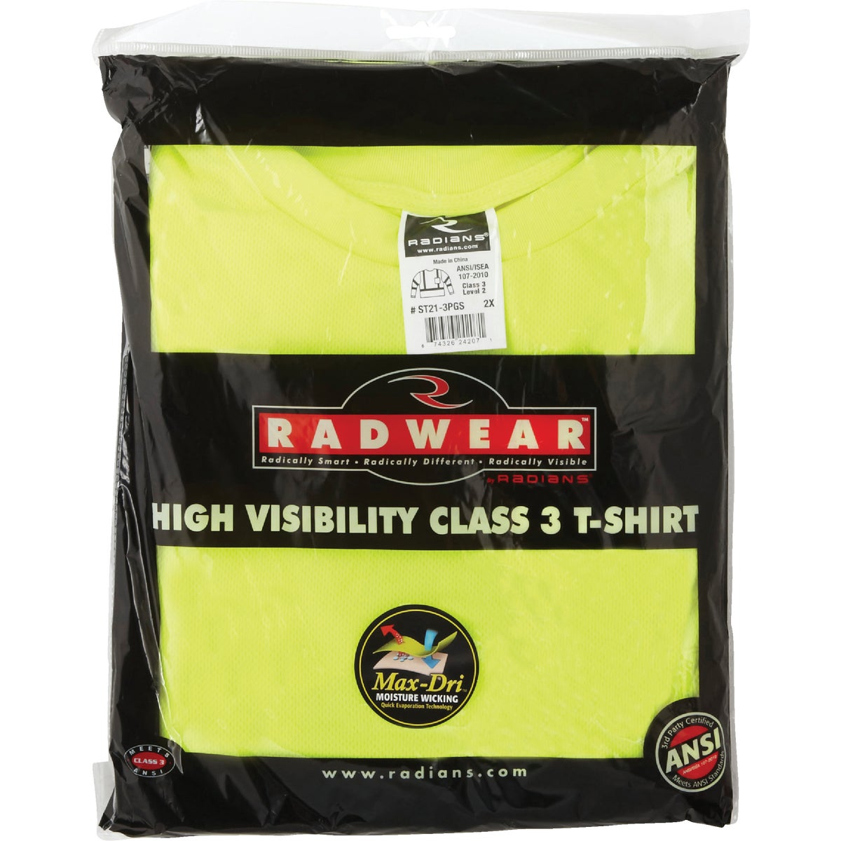 Radians Rad Wear ANSI Class 3 Hi Vis Green Safety T-Shirt 2XL