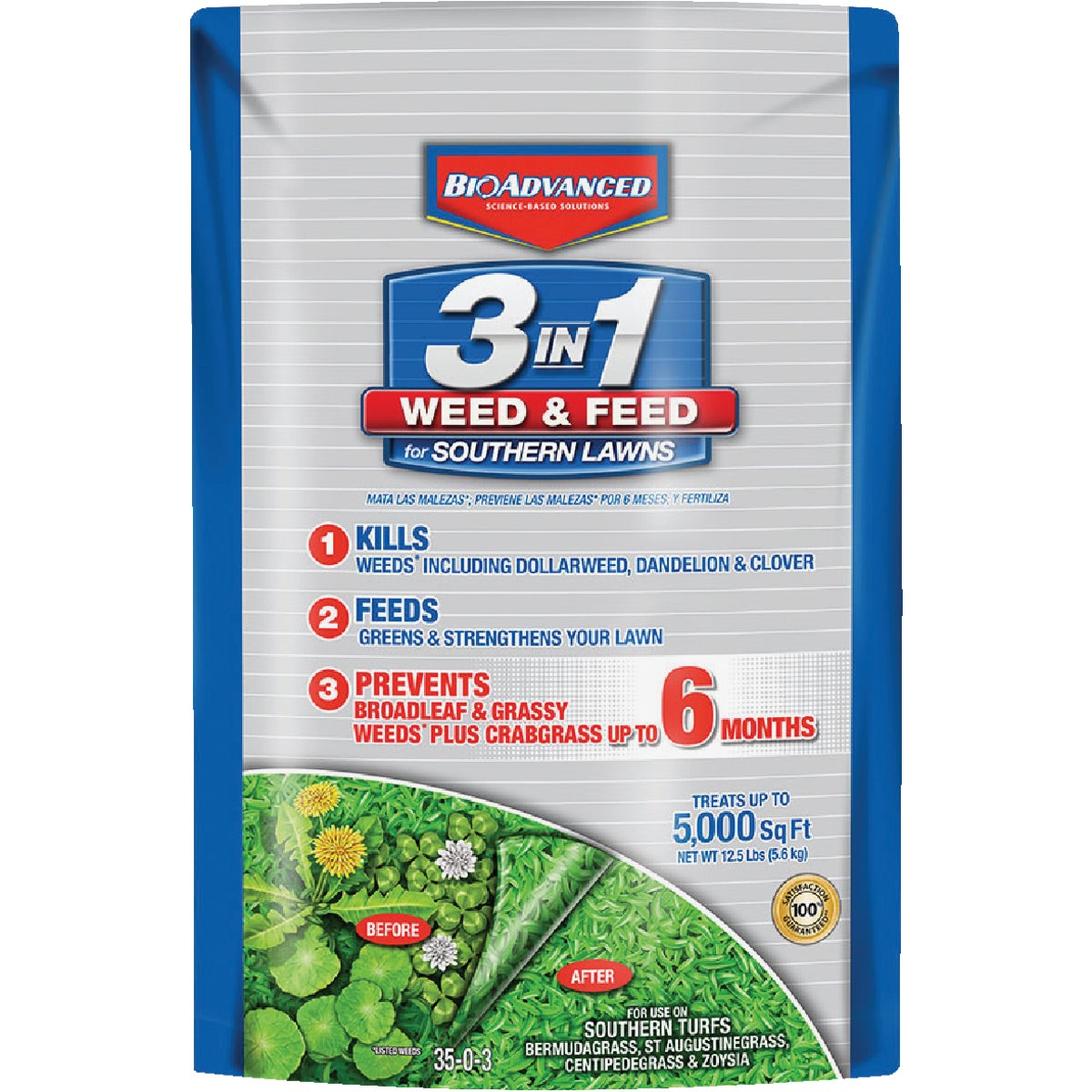 BioAdvanced 3-In-1 Weed & Feed For Southern Lawns 12.5 Lb. 5000 Sq. Ft. 35-0-3 Lawn Fertilizer with Weed Killer