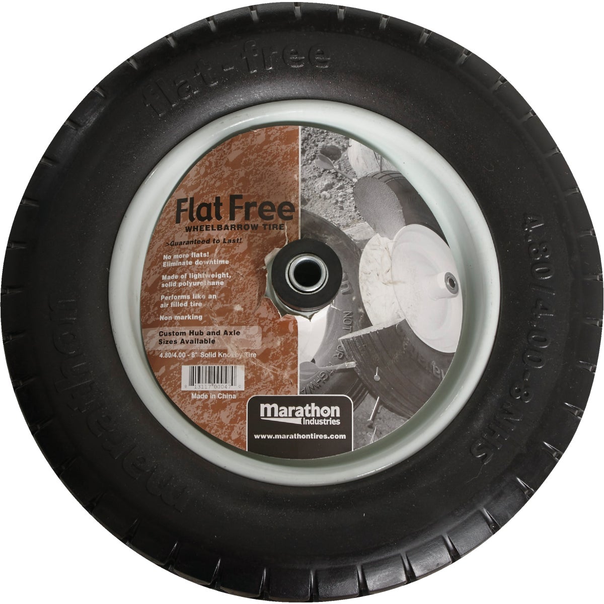 Marathon 16 x 480/400-8 In. Flat Free Wheelbarrow Wheel with Knobby Tread