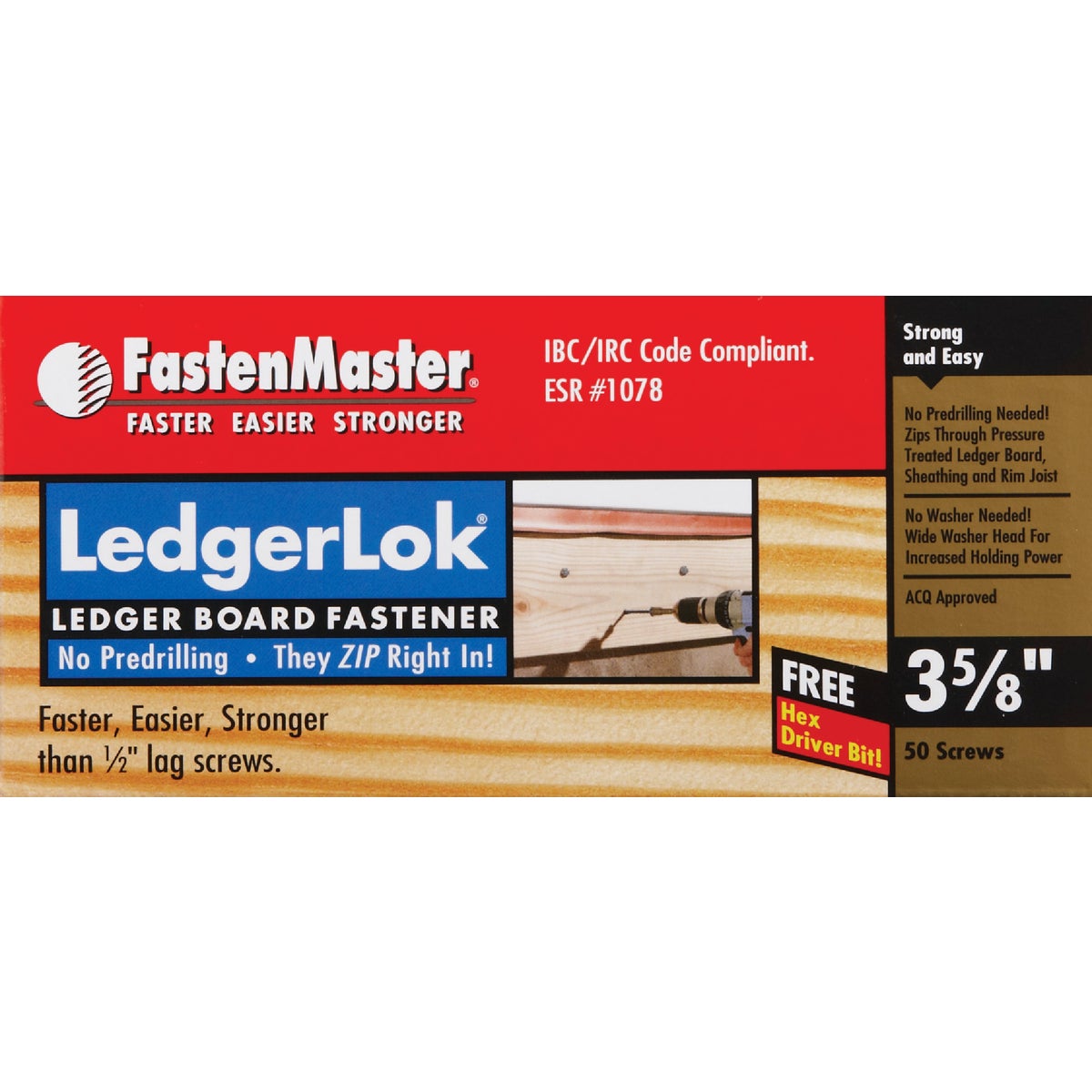 FastenMaster LedgerLok 0.305 In. x 3-5/8 In. Coarse Steel Hex-Head Ledger Board Fasteners (50 Ct. Box)