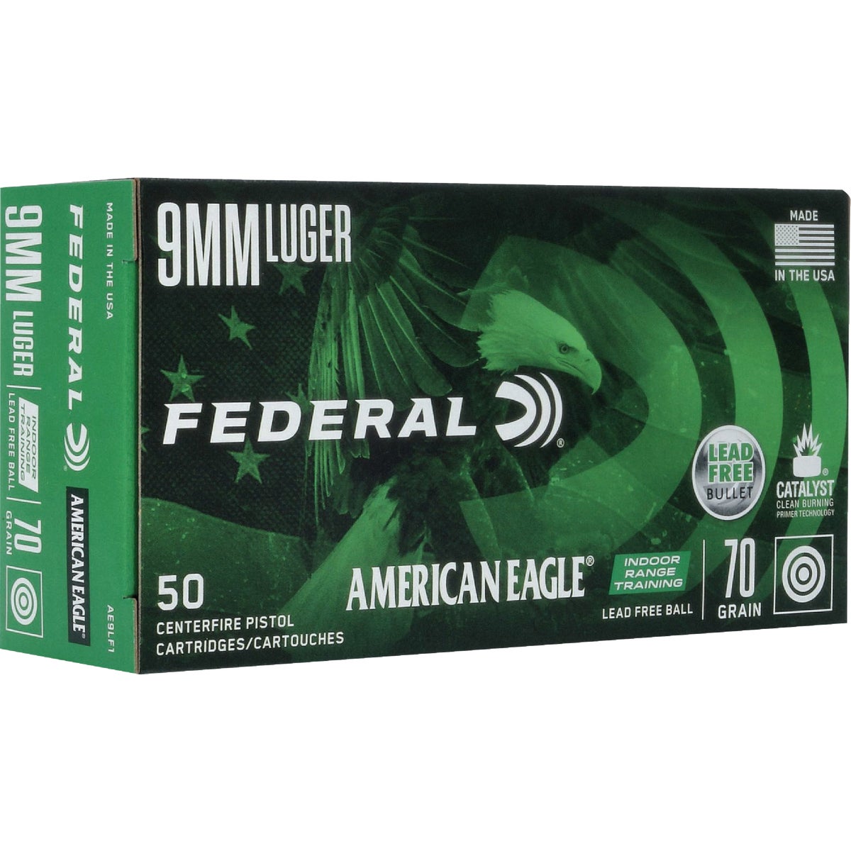 Federal American Eagle 9mm Luger 70 Grain FMJ Lead Free Centerfire Ammunition Cartridges