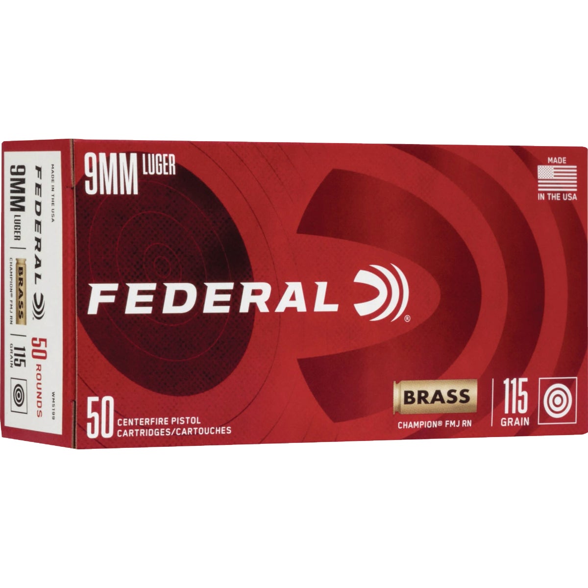 Federal Champion 9mm Luger 115 Grain FMJ RN Brass Centerfire Ammunition Cartridges