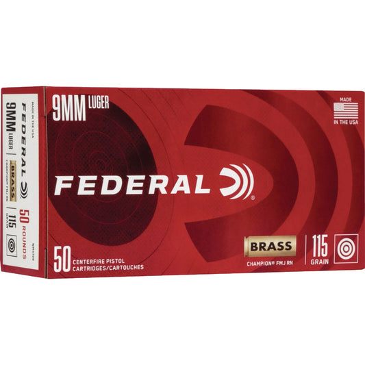 Federal Champion 9mm Luger 115 Grain FMJ RN Brass Centerfire Ammunition Cartridges