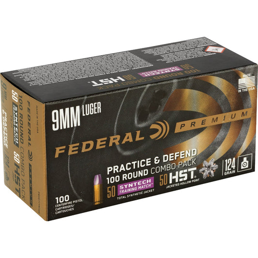 Federal Practice & Defend 9mm Luger 124 Grain HST/Syntech Combo Centerfire Ammunition Cartridges