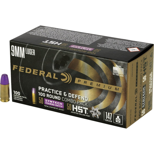 Federal Practice & Defend 9mm Luger 147 Grain HST/Syntech Combo Centerfire Ammunition Cartridges