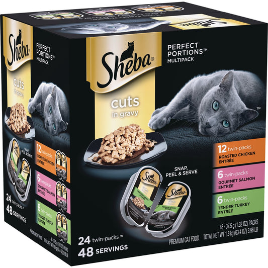 Sheba Perfect Portions Cuts in Gravy Roasted Chicken/Salmon/Tender Turkey Adult Wet Cat Food (24-Pack)