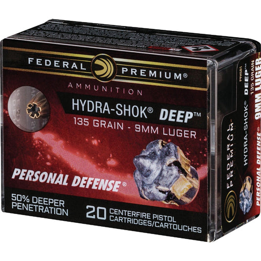 Federal Premium Hydra-Shok Deep 9mm 135 Grain JHP Centerfire Ammunition Cartridges