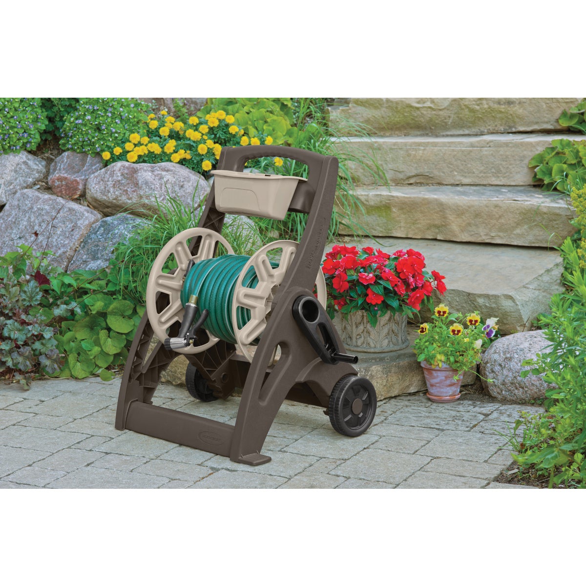 Suncast 225 Ft. x 5/8 In. Taupe & Bronze Hosemobile Resin Hose Reel with Storage Bin