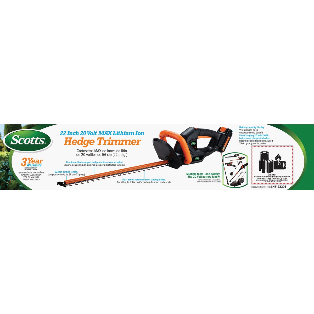 Scotts 22 In. 20V Lithium Ion Cordless Hedge Trimmer