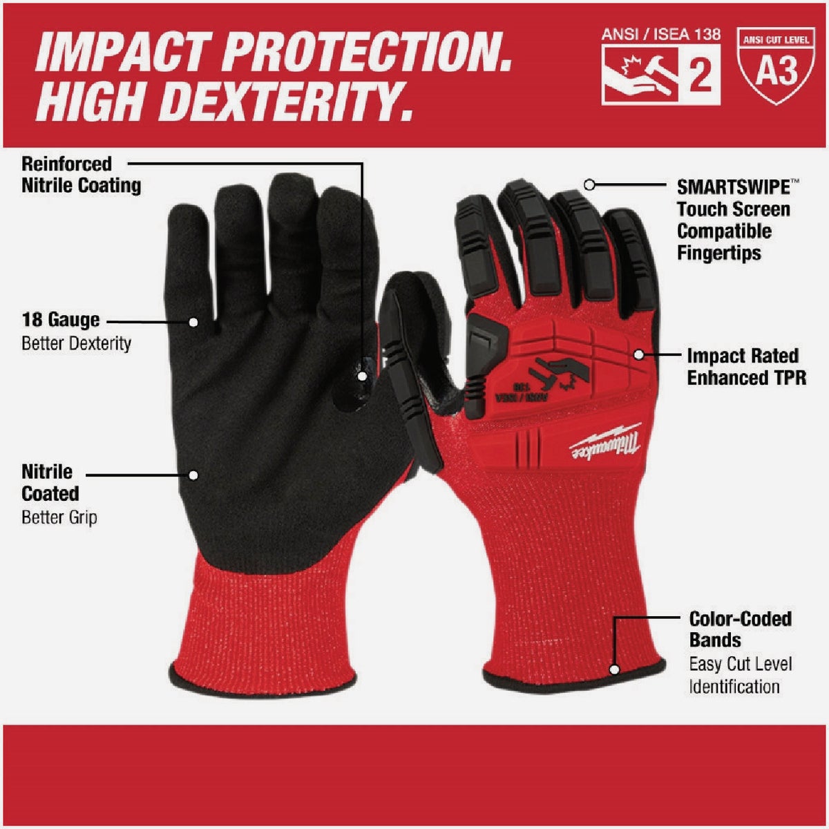 Milwaukee Impact Cut Level 3 Medium Unisex Nitrile Dipped Work Gloves