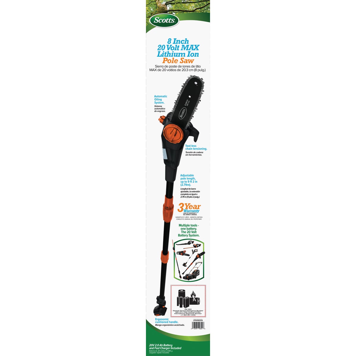 Scotts 8 In. 20 Volt Lithium Ion Cordless Pole Saw