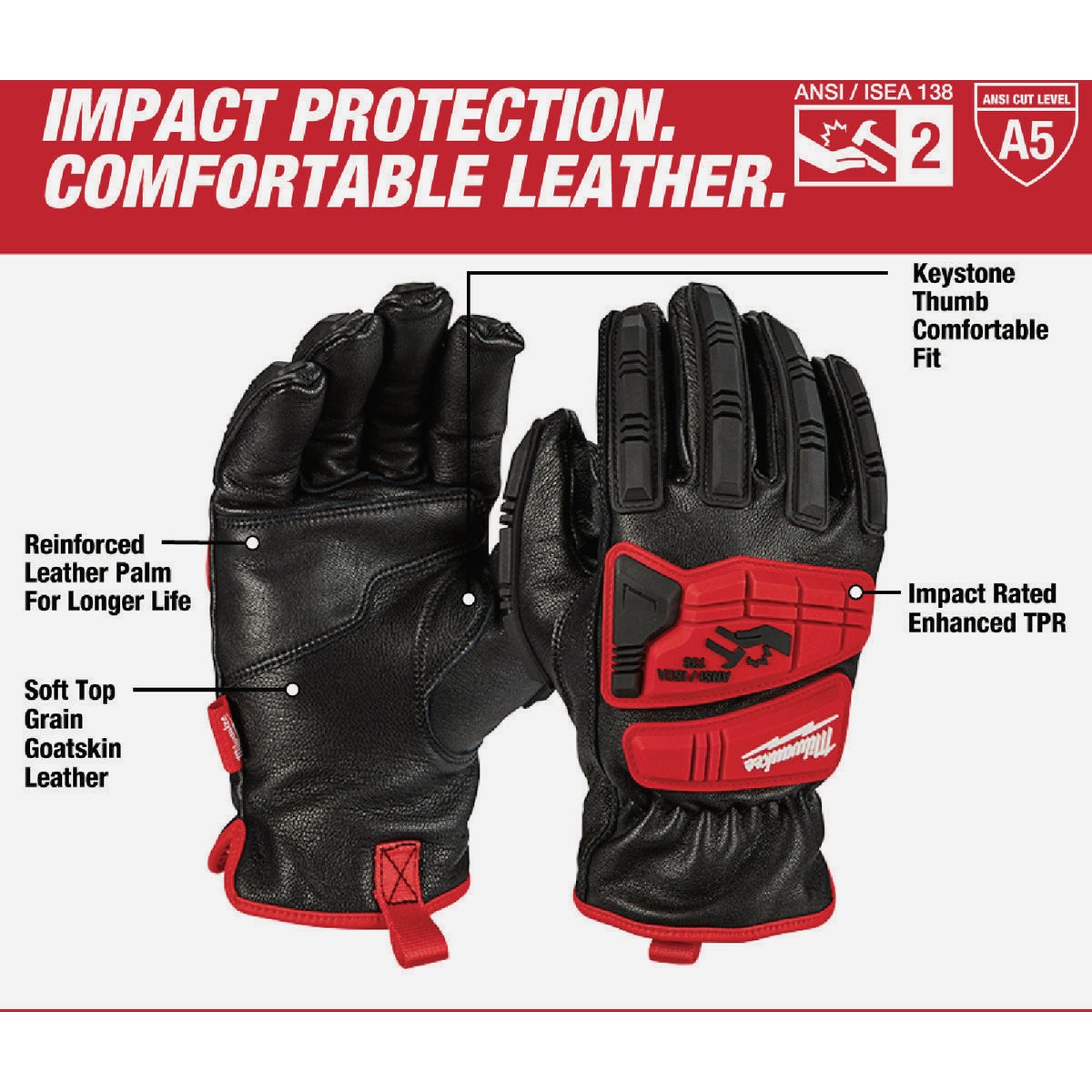 Milwaukee Impact Cut Level 5 Unisex Medium Goatskin Leather Work Gloves