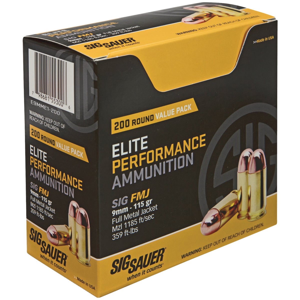 Sig Elite Performance Ball 9mm 115 Grain FMJ Centerfire Ammunition Cartridges