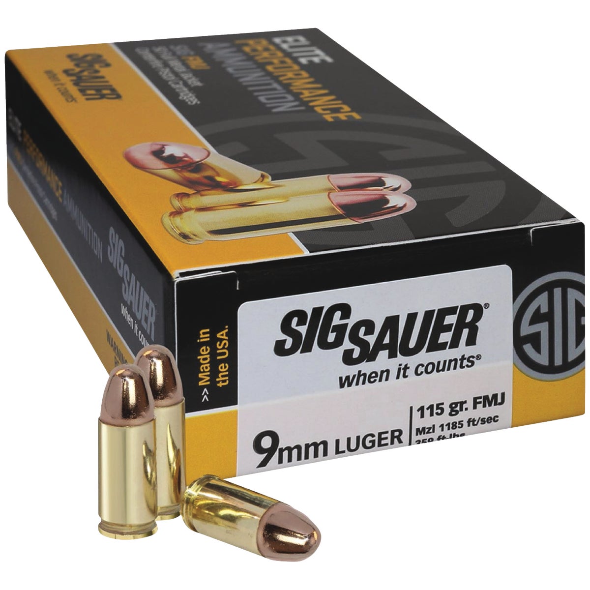 Sig Elite Performance Ball 9mm 115 Grain FMJ Centerfire Ammunition Cartridges