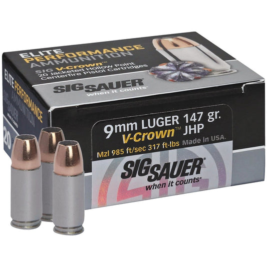 Sig Elite Performance V-Crown 9mm Luger 147 Grain JHP Centerfire Ammunition Cartridges