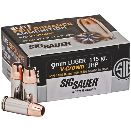 Sig Elite Performance V-Crown 9mm Luger 115 Grain JHP Centerfire Ammunition Cartridges