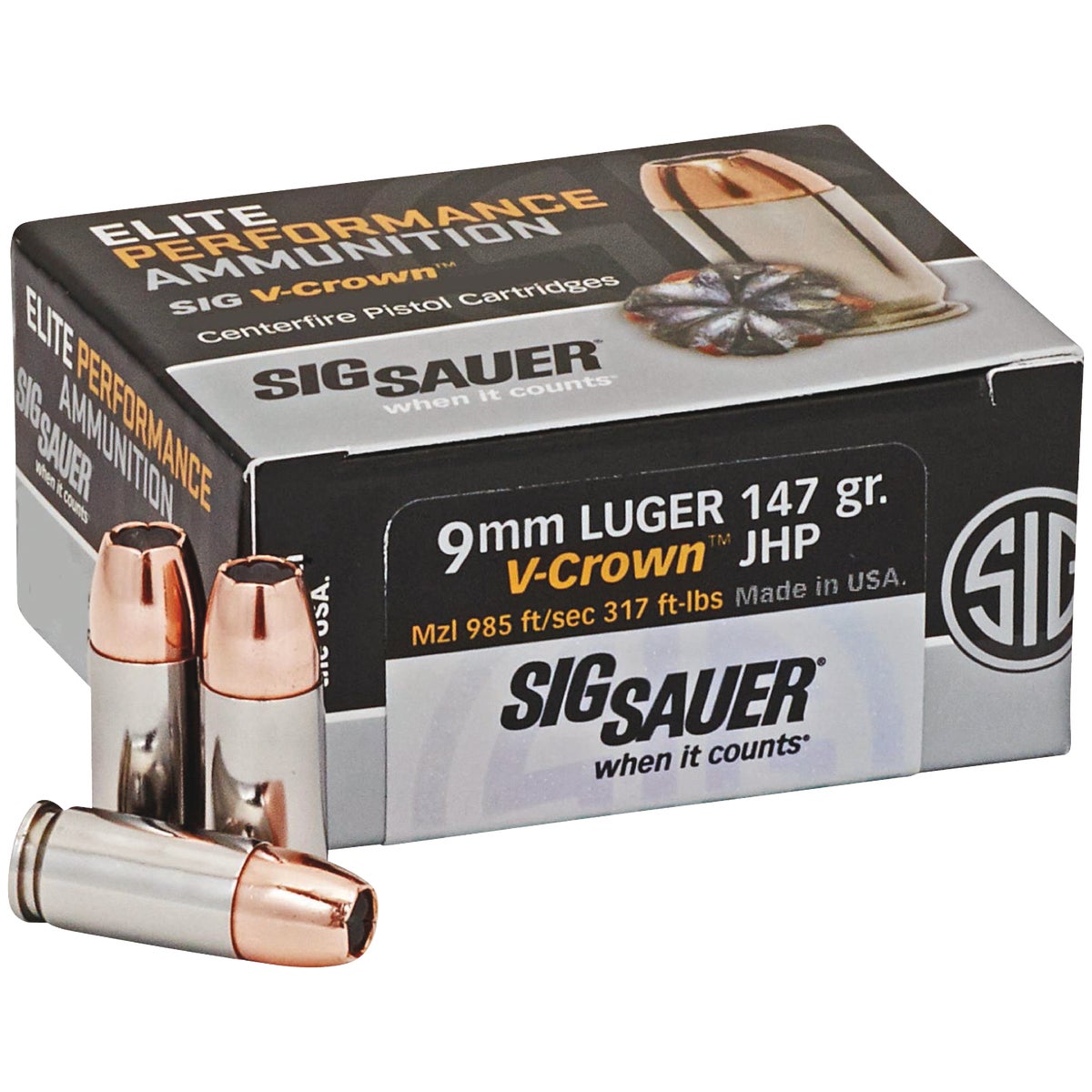 Sig Elite Performance V-Crown 9mm Luger 147 Grain JHP Centerfire Ammunition Cartridges