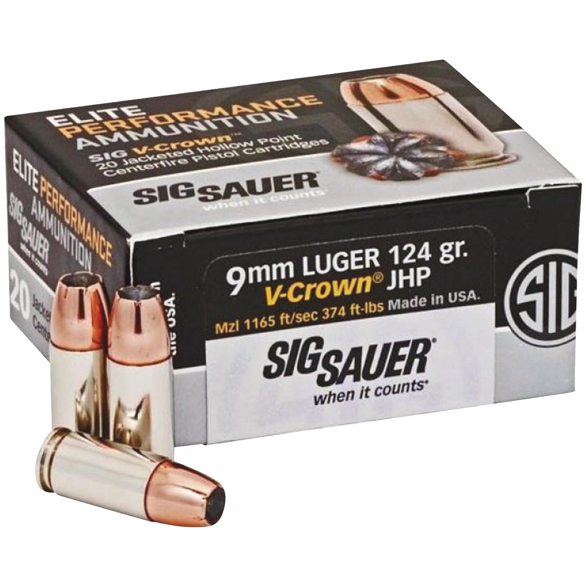 Sig Elite Performance V-Crown 9mm Luger 115 Grain JHP Centerfire Ammunition Cartridges