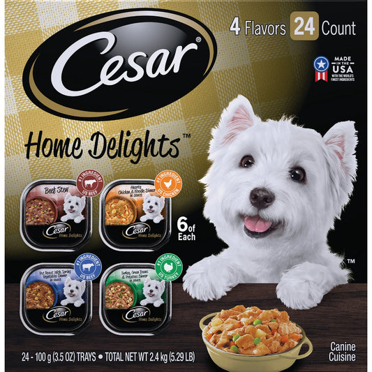 Cesar Home Delights Beef Stew/Hearty Chicken & Noodle/Pot Roast with Spring Vegetables/Turkey, Green Beans, & Potatoes Variety Adult Wet Dog Food (24-Pack)