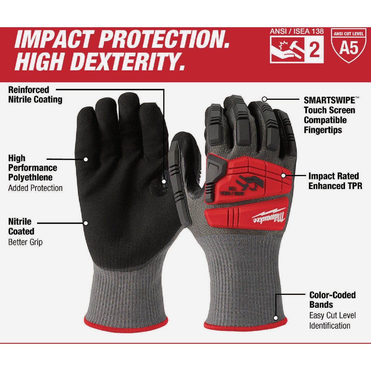 Milwaukee Impact Cut Level 5 Unisex Medium Nitrile Dipped Work Gloves