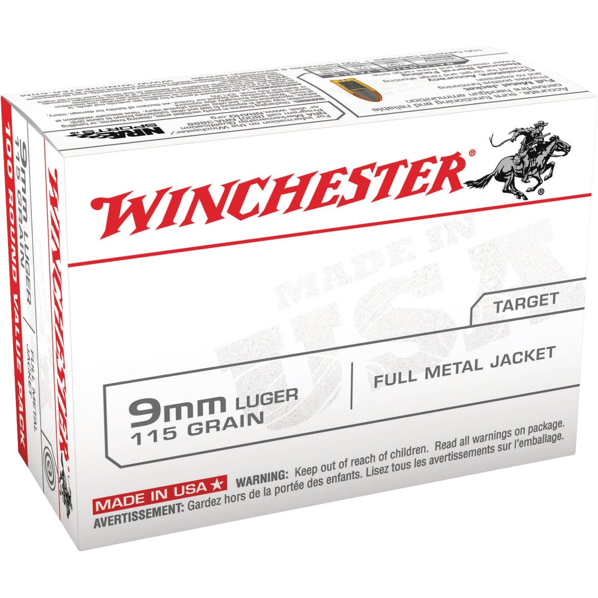 Winchester 9mm 115 Grain FMJ Centerfire Ammunition Cartridges