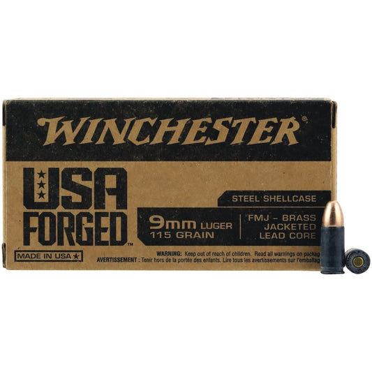 Winchester USA Forged 9mm Luger 115 Grain FMJ Brass Jacketed Lead Core Centerfire Ammunition Cartridges