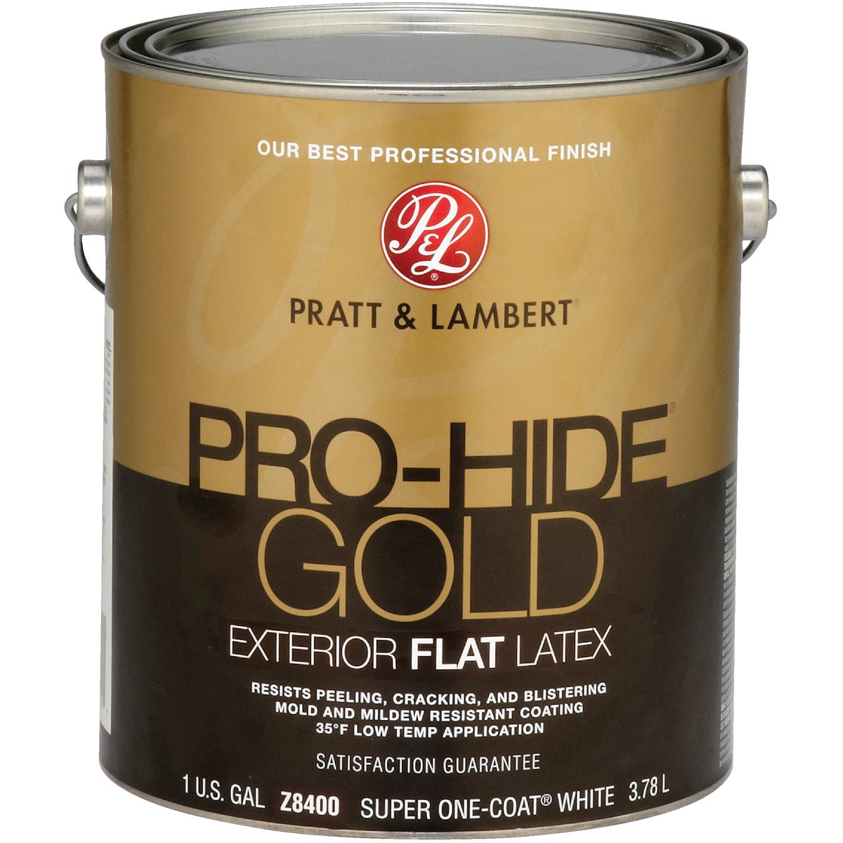 Pratt & Lambert Pro-Hide Gold Latex Flat Exterior House Paint, Super One-Coat White, 1 Gal.