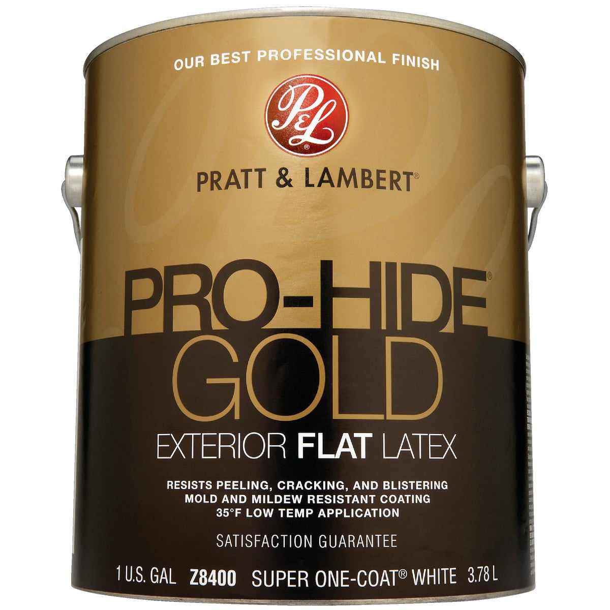 Pratt & Lambert Pro-Hide Gold Latex Flat Exterior House Paint, Super One-Coat White, 1 Gal.