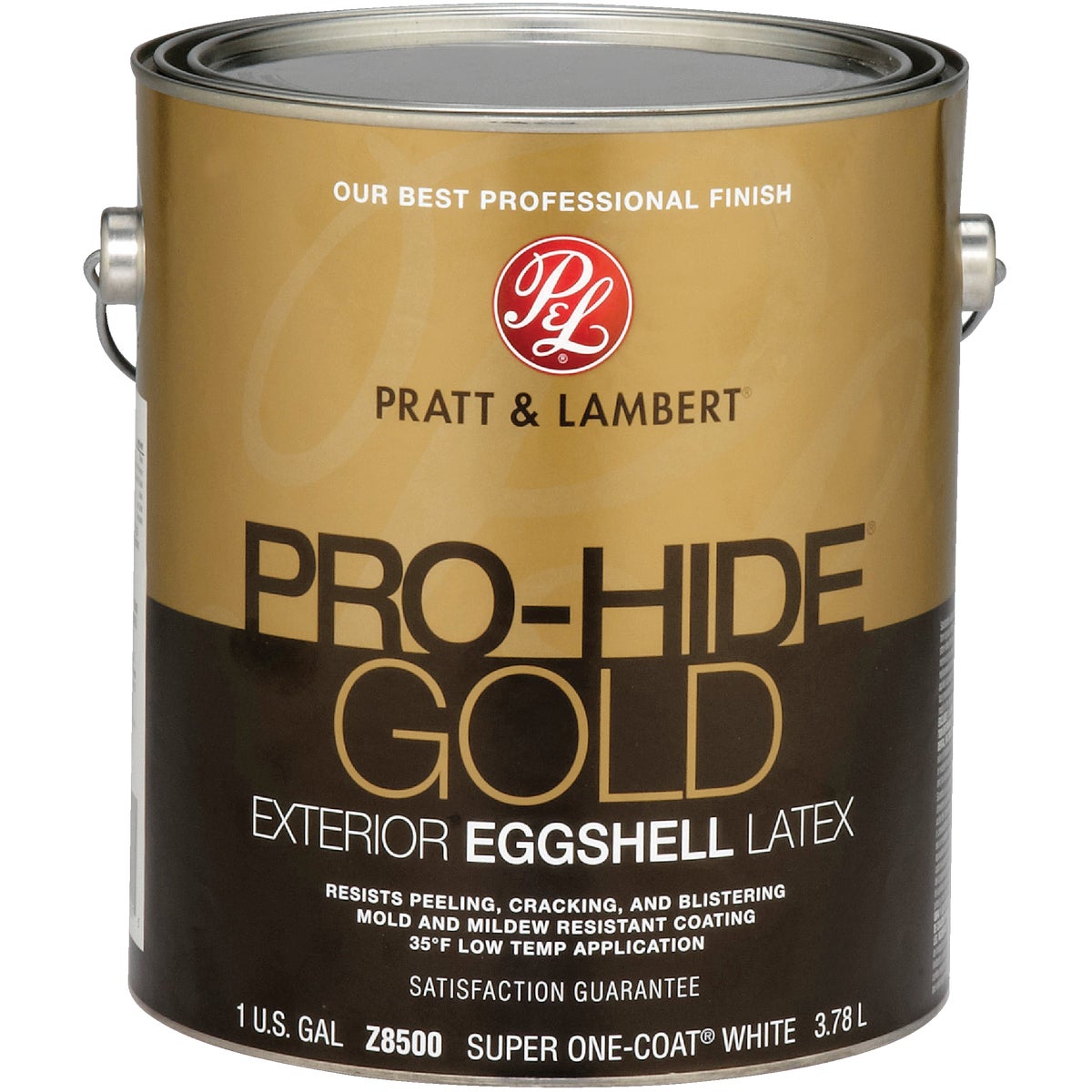 Pratt & Lambert Pro-Hide Gold Latex Eggshell Exterior House Paint, Super One-Coat White, 1 Gal.