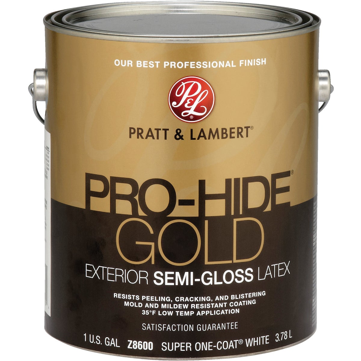 Pratt & Lambert Pro-Hide Gold Latex Semi-Gloss Exterior House Paint, Super One-Coat White, 1 Gal.