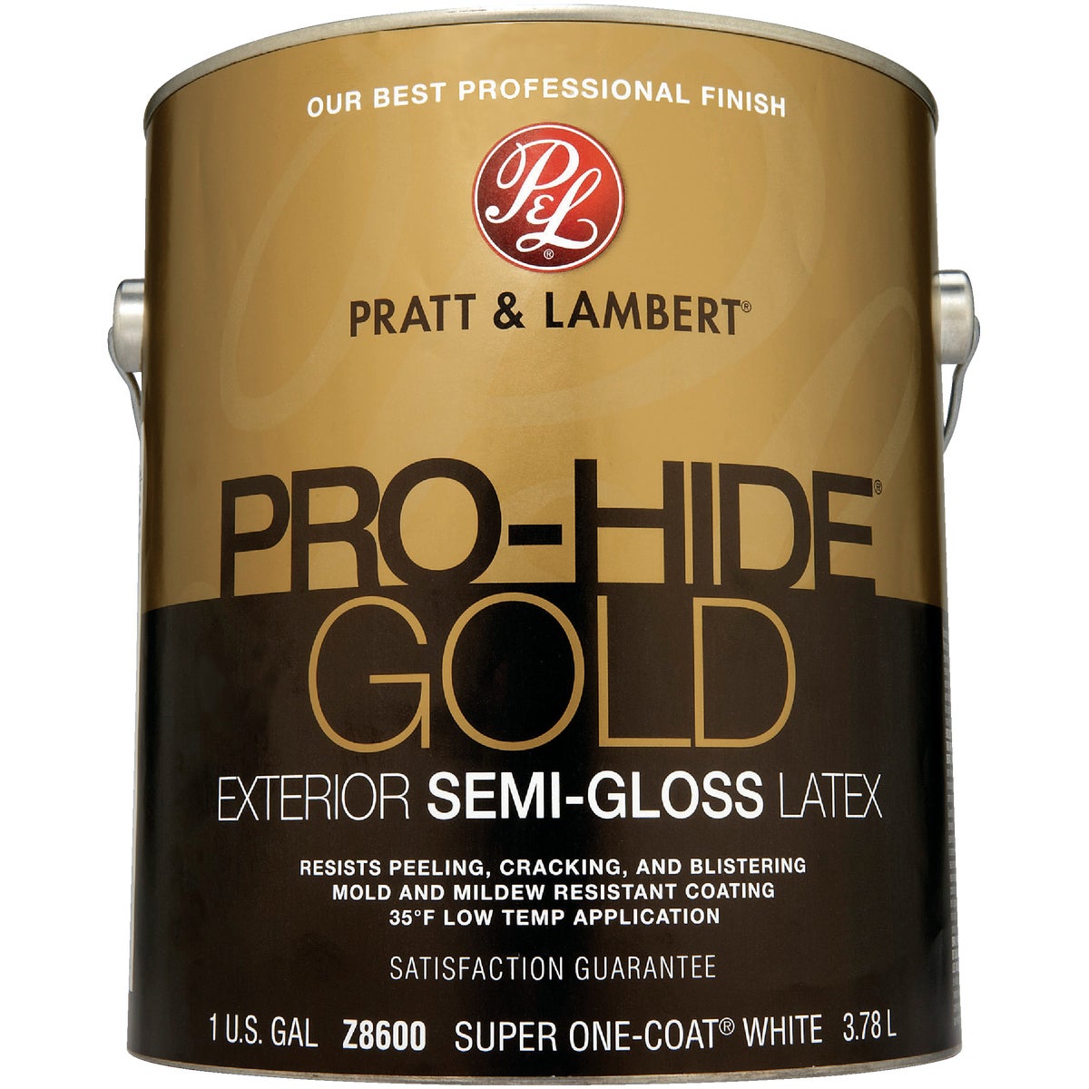 Pratt & Lambert Pro-Hide Gold Latex Semi-Gloss Exterior House Paint, Super One-Coat White, 1 Gal.