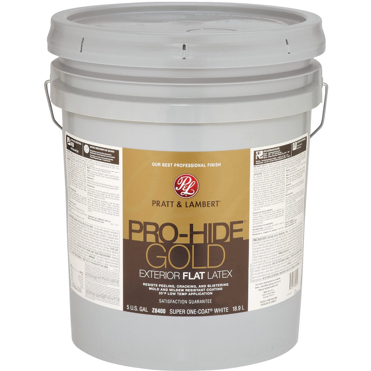 Pratt & Lambert Pro-Hide Gold Latex Flat Exterior House Paint, Super One-Coat White, 5 Gal.