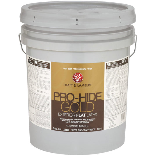 Pratt & Lambert Pro-Hide Gold Latex Flat Exterior House Paint, Super One-Coat White, 5 Gal.