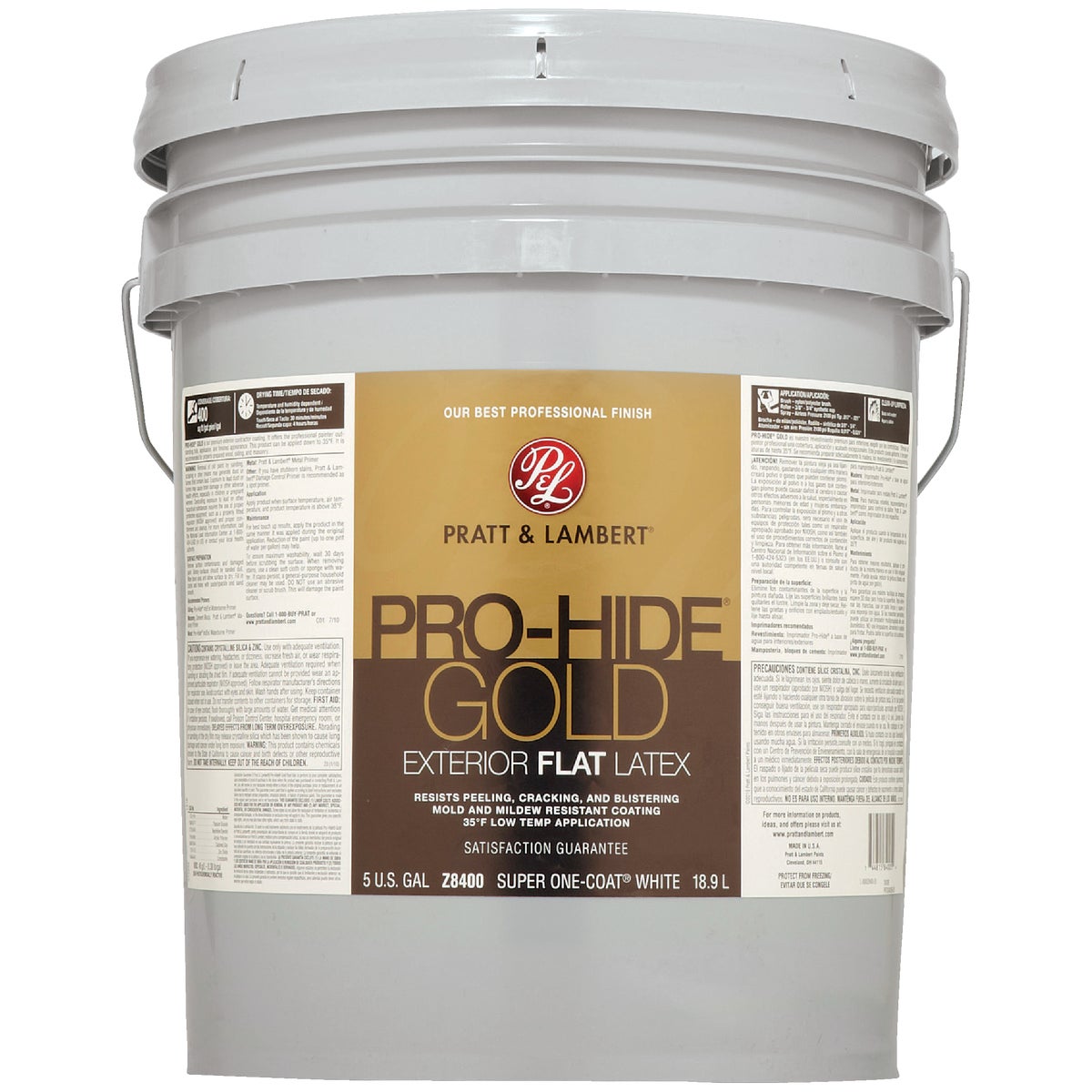 Pratt & Lambert Pro-Hide Gold Latex Flat Exterior House Paint, Super One-Coat White, 5 Gal.