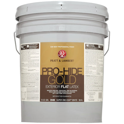 Pratt & Lambert Pro-Hide Gold Latex Flat Exterior House Paint, Super One-Coat White, 5 Gal.