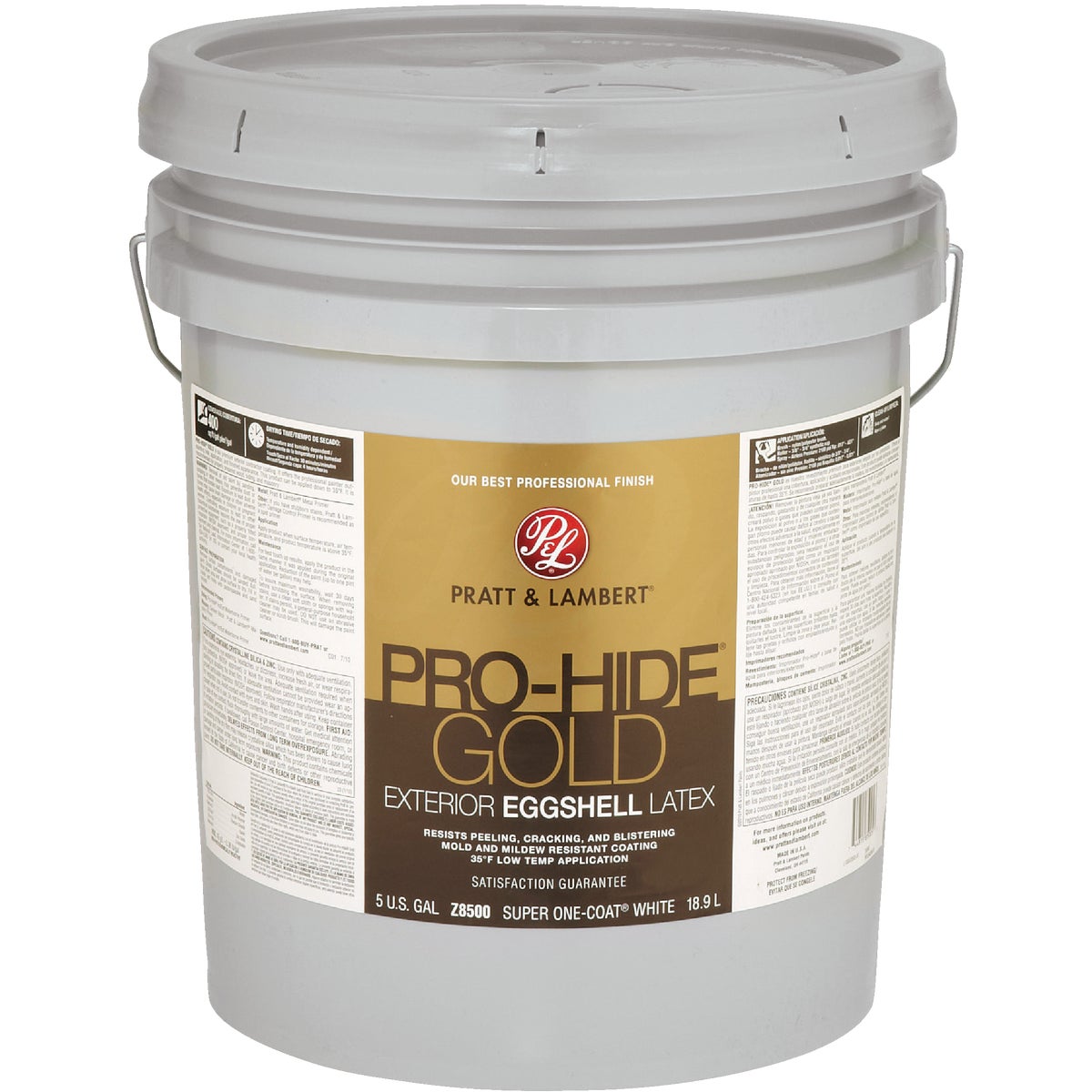 Pratt & Lambert Pro-Hide Gold Latex Eggshell Exterior House Paint, Super One-Coat White, 5 Gal.