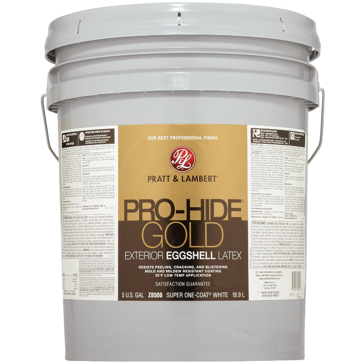 Pratt & Lambert Pro-Hide Gold Latex Eggshell Exterior House Paint, Super One-Coat White, 5 Gal.