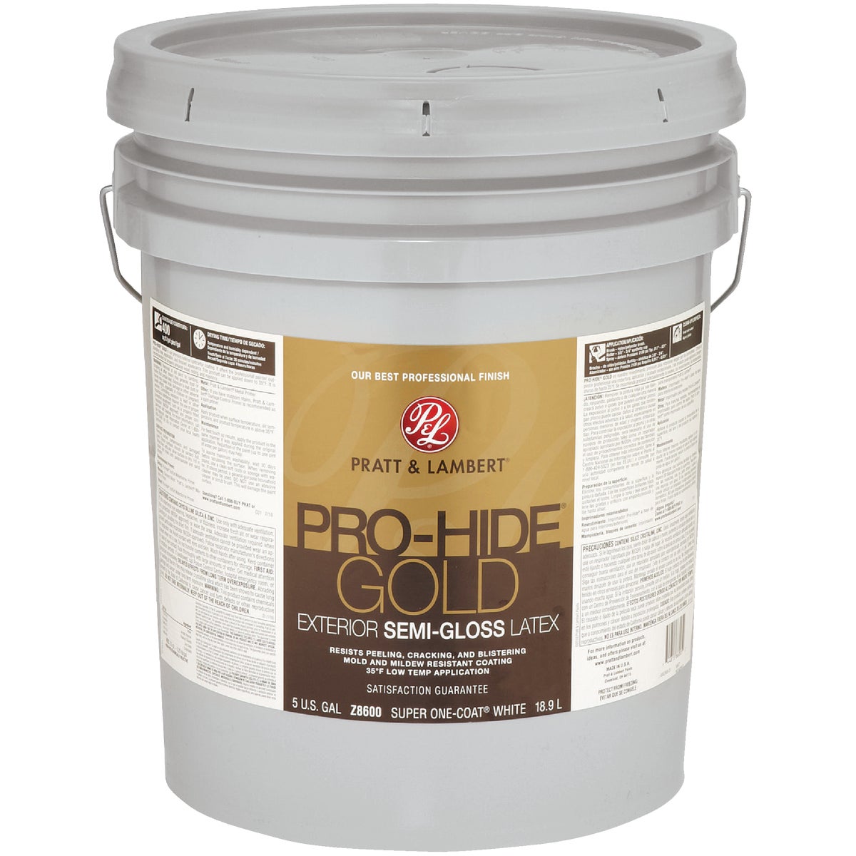 Pratt & Lambert Pro-Hide Gold Latex Semi-Gloss Exterior House Paint, Super One-Coat White, 5 Gal.