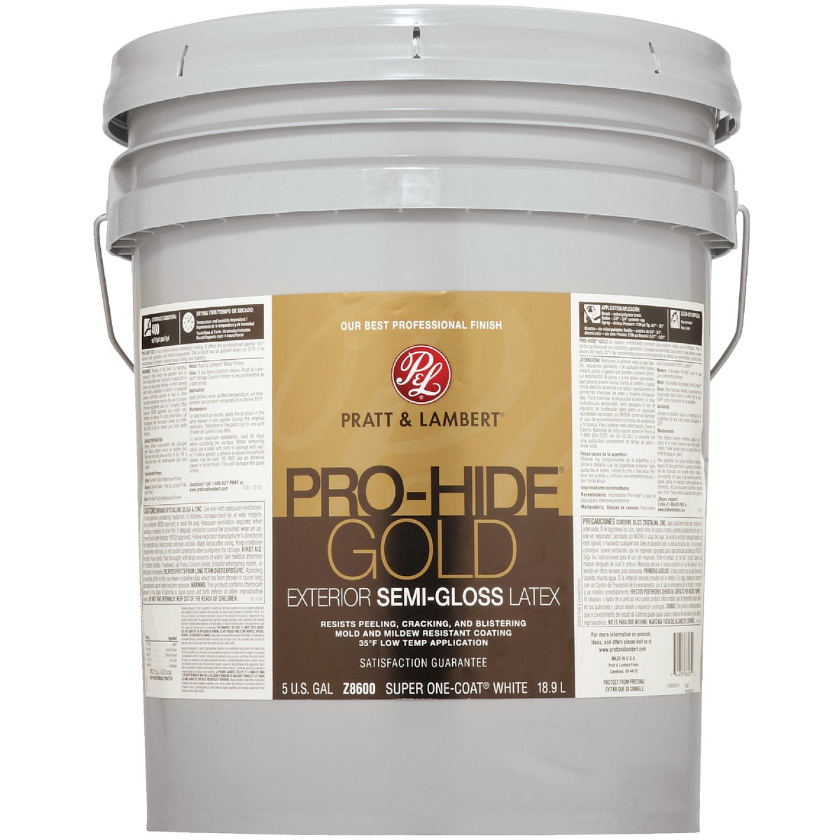 Pratt & Lambert Pro-Hide Gold Latex Semi-Gloss Exterior House Paint, Super One-Coat White, 5 Gal.