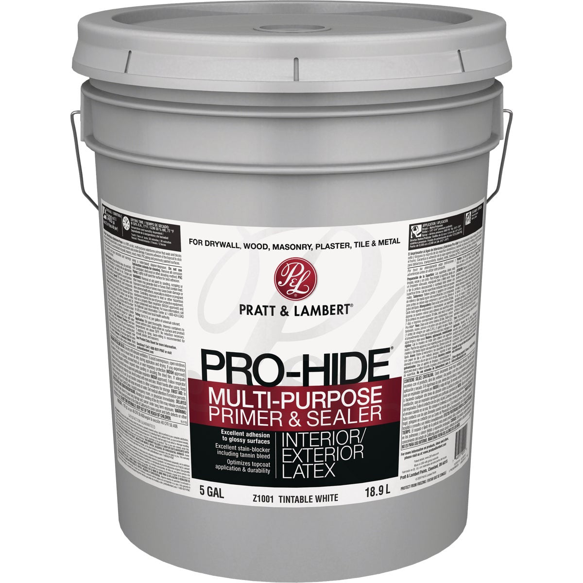 Pratt & Lambert Pro-Hide Waterborne Interior/Exterior Stain Blocking Primer, White, 5 Gal.