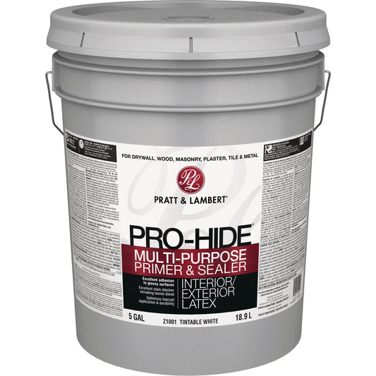 Pratt & Lambert Pro-Hide Waterborne Interior/Exterior Stain Blocking Primer, White, 5 Gal.