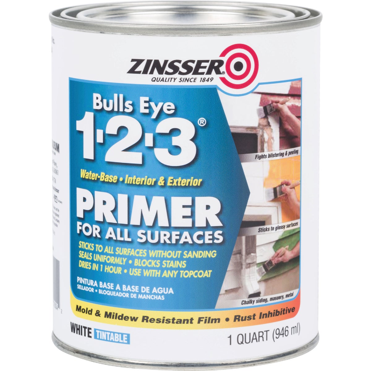 Zinsser Bulls Eye 1-2-3 Water-Base Interior/Exterior Stain Blocking Primer, White, 1 Qt.