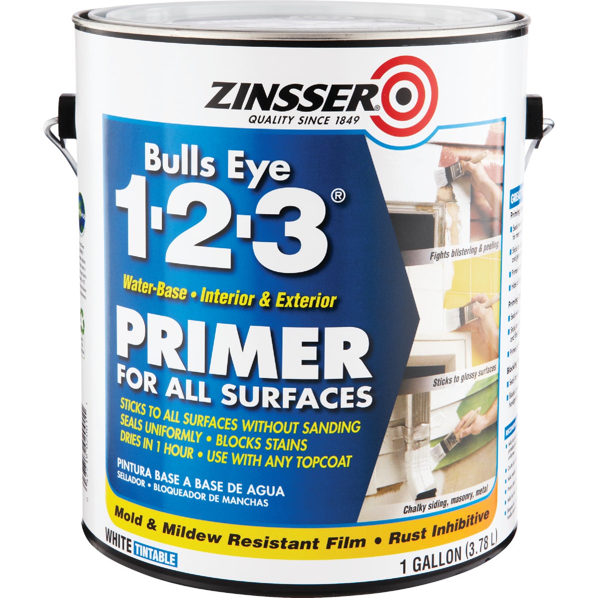 Zinsser Bulls Eye 1-2-3 Water-Base Interior/Exterior Stain Blocking Primer, White, 1 Gal.