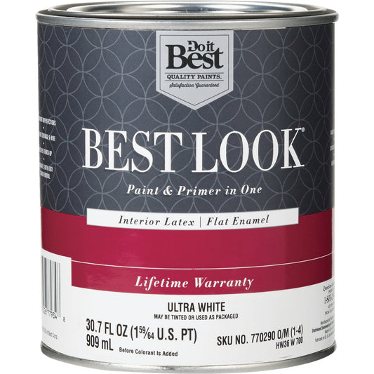 Best Look Latex Paint & Primer In One Flat Enamel Interior Wall Paint, Ultra White, 1 Qt.