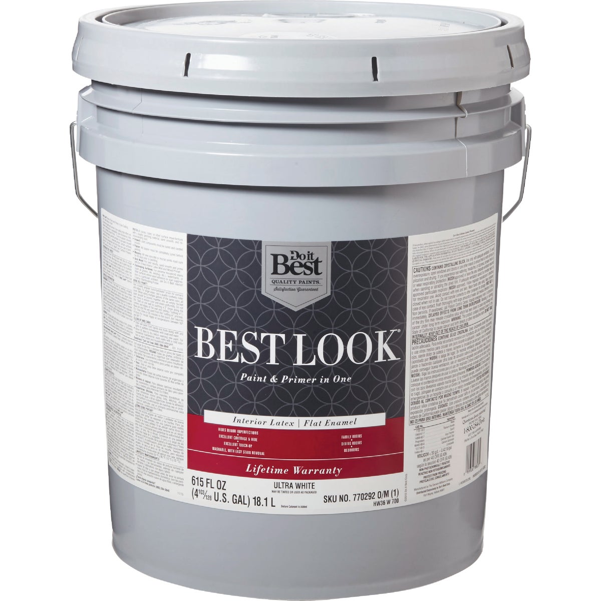 Best Look Latex Paint & Primer In One Flat Enamel Interior Wall Paint, Ultra White, 5 Gal.