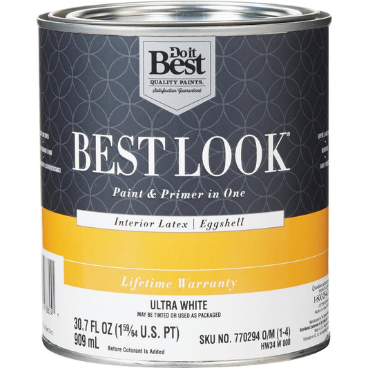 Best Look Latex Paint & Primer In One Eggshell Interior Wall Paint, Ultra White, 1 Qt.