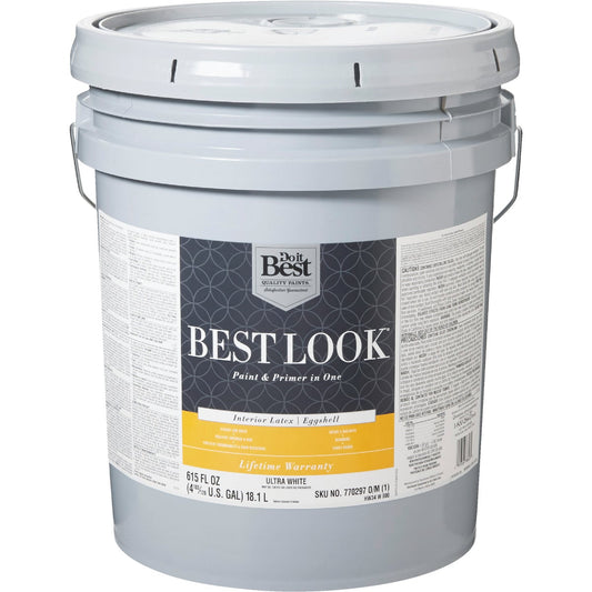 Best Look Latex Paint & Primer In One Eggshell Interior Wall Paint, Ultra White, 5 Gal.