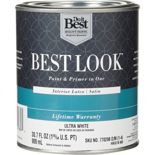 Best Look Latex Paint & Primer In One Satin Interior Wall Paint, Ultra White, 1 Qt.